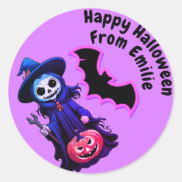 Pegatina Redonda Halloween con espantapájaros morados y murciélagos