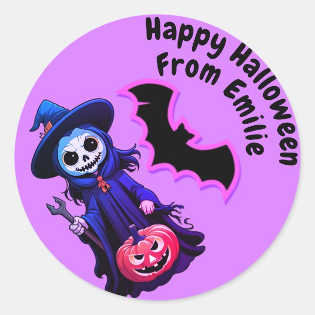 Pegatina Redonda Halloween con espantapájaros morados y murciélagos (Anverso)