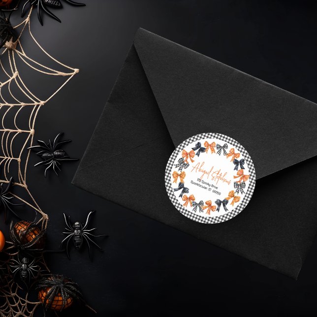Pegatina Redonda Halloween Coquette Bows Dirección de Retorno (Halloween Coquette Black | Orange Bows Girl Baby Shower Return Address Envelope Seal Round Sticker)