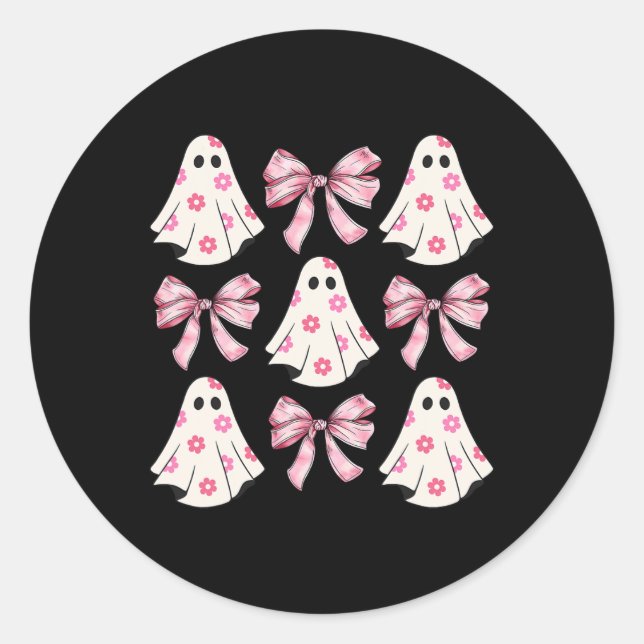 Pegatina Redonda Halloween Coquette Pink Bow Ghost (Anverso)