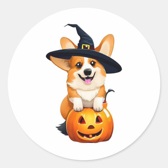 Pegatina Redonda Halloween Corgi Witch Gorra (Anverso)