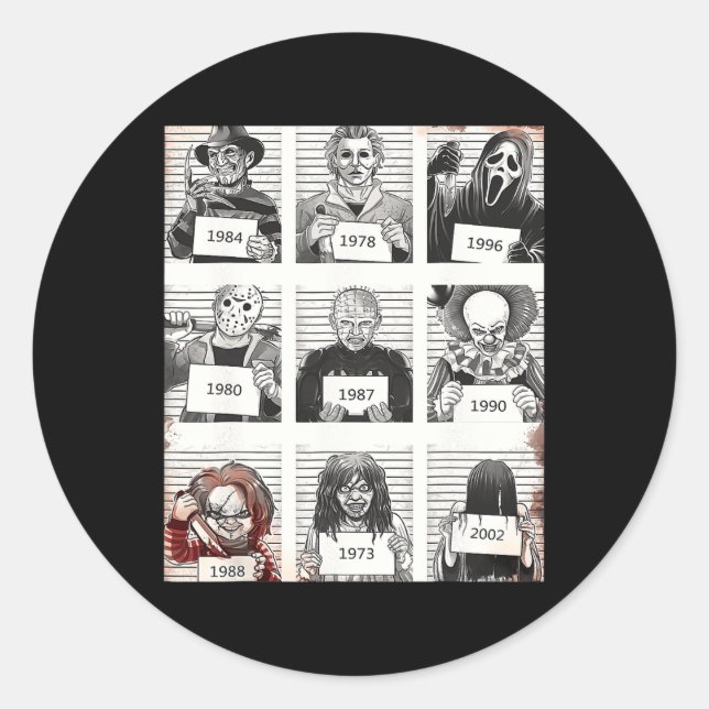 Pegatina Redonda Halloween Creepé Legends Asesino Mugshots Fa de ho (Anverso)