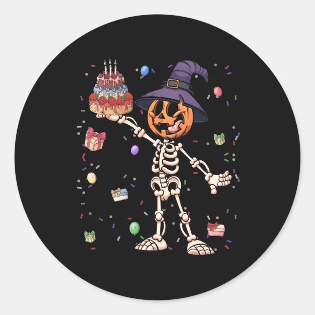 Pegatina Redonda Halloween Cumpleaños Outfit Pupmkin Skeleton Birth (Anverso)