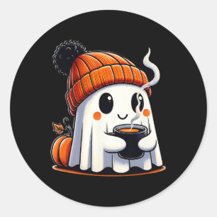 Pegatina Redonda Halloween Curte Kawaii Fantasma Bebiendo Café Muje