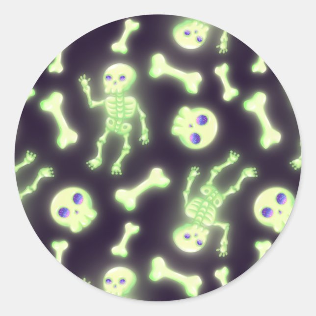 Pegatina Redonda Halloween Cute Spooky GIGHT Skeleton Bones Skull (Anverso)