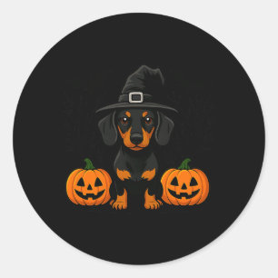 Pegatina Redonda Halloween Dachshund Negro y Canela Bruja Espeluzna