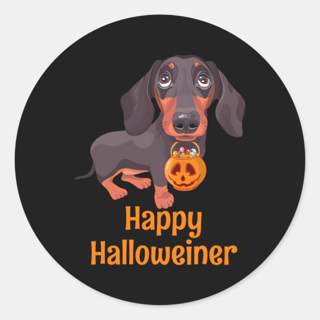 Pegatina Redonda Halloween Dachshund Para Feliz Hallowiner (Anverso)