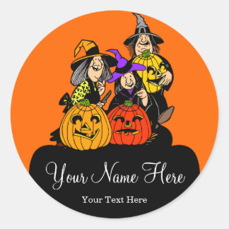 Pegatina Redonda Halloween de 3 brujas y Jack O'Lantern