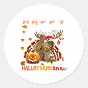 Pegatina Redonda Halloween De Ardilla Y Feliz Hallo De Navidad