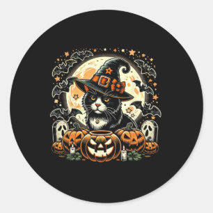 Pegatina Redonda Halloween de bruja de gato lindo - Arte de calabaz