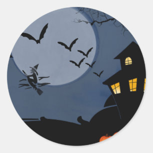 Pegatina Redonda Halloween de brujas y casas embrujadas