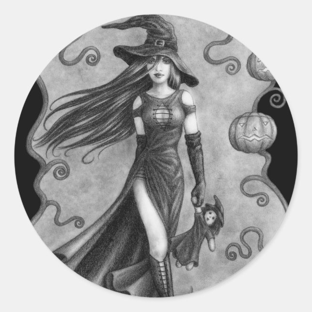 Pegatina Redonda Halloween de brujas y muñecas (Anverso)