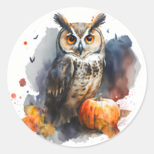 Pegatina Redonda Halloween de búho acuarela