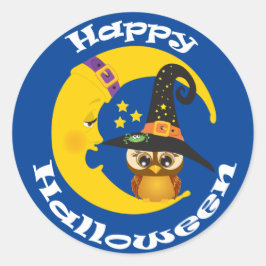 Pegatina Redonda Halloween de búho y luna