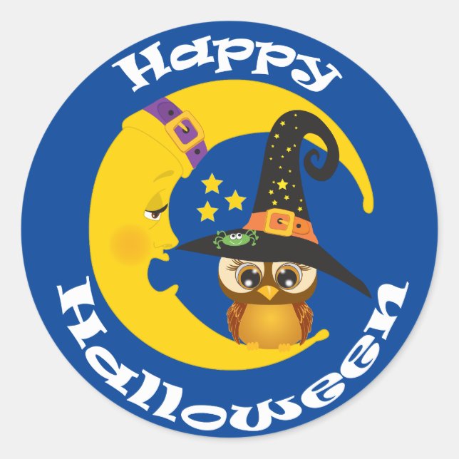 Pegatina Redonda Halloween de búho y luna (Anverso)