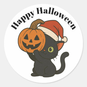Pegatina Redonda Halloween de calabaza de gato negro