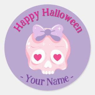 Pegatina Redonda Halloween de cráneo púrpura rosa pastel personaliz