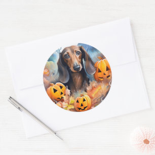 Pegatina Redonda Halloween de Dachshund con calabazas aterradoras