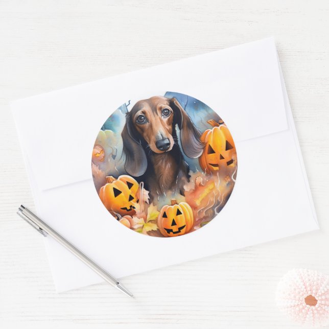 Pegatina Redonda Halloween de Dachshund con calabazas aterradoras (Sobre)