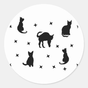 Pegatina Redonda Halloween de gatos negros y estrellas