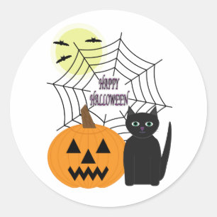Pegatina Redonda Halloween de gatos y calabazas