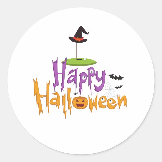 Pegatina Redonda Halloween de golf con bandera de golf verde con go (Anverso)