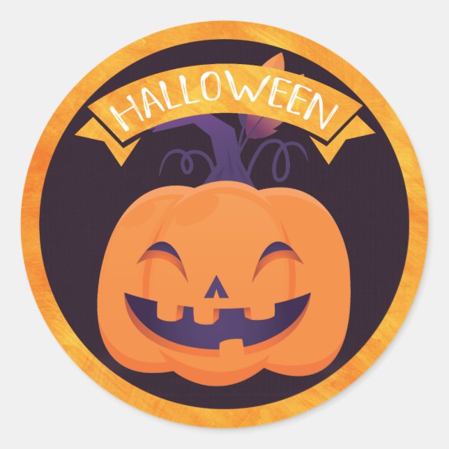 Pegatina Redonda Halloween de Jack O'Lantern sonriente (Anverso)