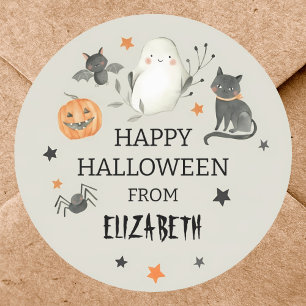 Pegatina Redonda Halloween de la calabaza de gatos fantasma adorabl