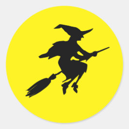 Pegatina Redonda Halloween de la luna amarilla y la bruja voladora