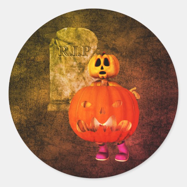 Pegatina Redonda Halloween de la tumba de un hombre calabaza (Anverso)