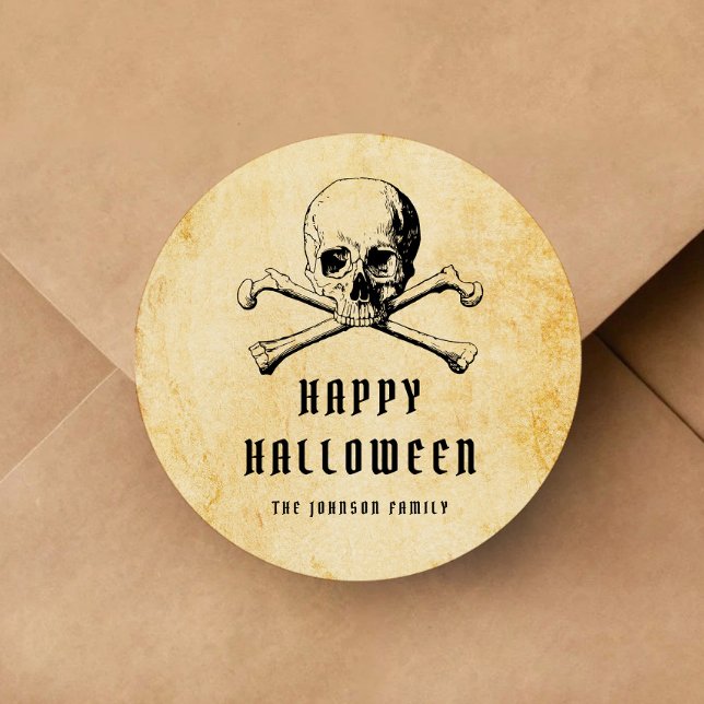 Pegatina Redonda Halloween de los piratas y los huesos (Vintage Pirate Skull & Bones Halloween Classic Round Sticker)