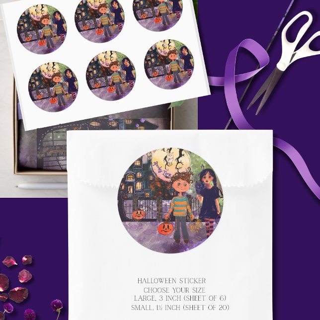 Pegatina Redonda Halloween de niños monstruosos en época de fantasí (Spooky Time Monster Kids Halloween Classic Round Sticker)