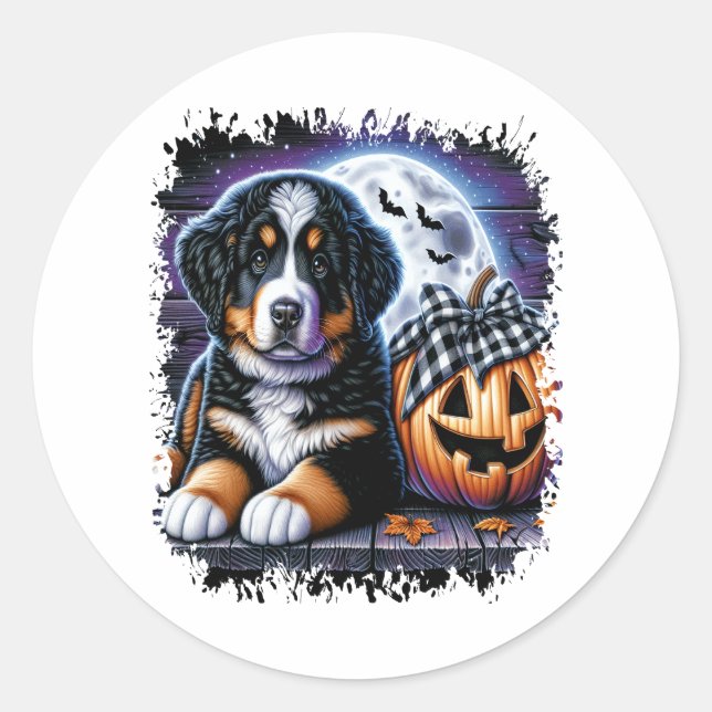 Pegatina Redonda Halloween de Perro de Montaña de Bernese (Anverso)