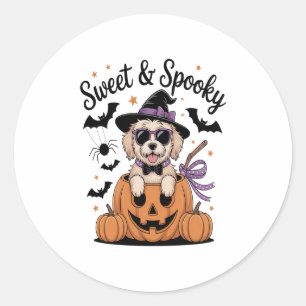Pegatina Redonda Halloween de perro dulce y fantasmagórico