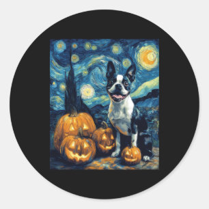 Pegatina Redonda Halloween de Perro Terrier de Boston Jack O Lanter