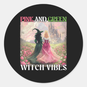 Pegatina Redonda Halloween de Testigos de Brujas Rosa Y Verde