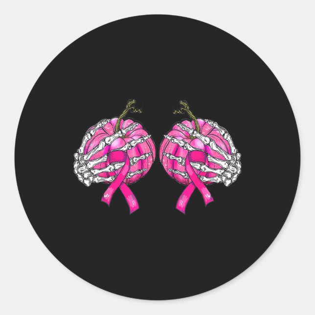 Pegatina Redonda Halloween del cáncer de mama con calabaza mamaria  (Anverso)