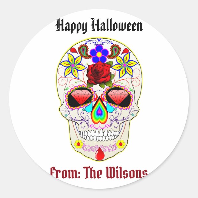 Pegatina Redonda Halloween del Día de la Calavera Azúcar Personaliz (Anverso)