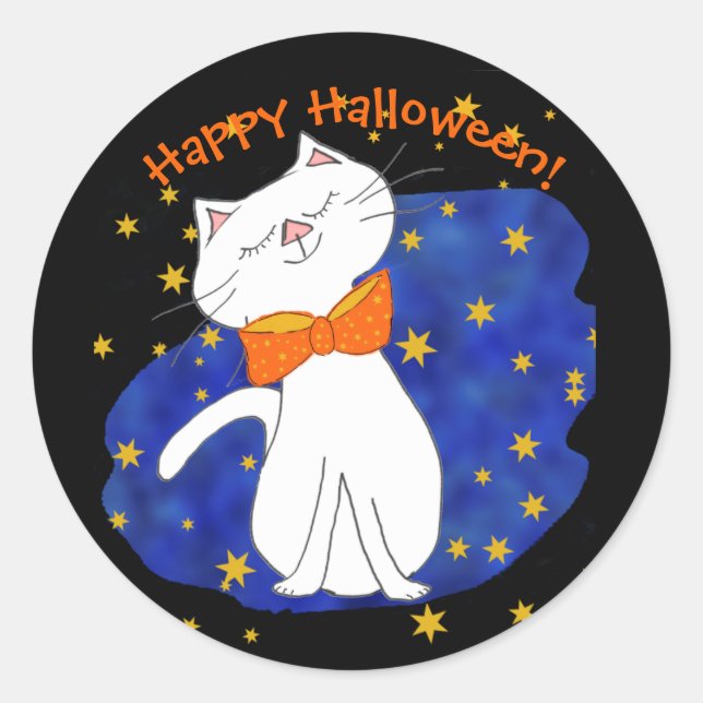 Pegatina Redonda Halloween del Gato Kitty de Noche Starry (Anverso)