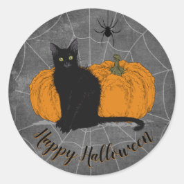 Pegatina Redonda Halloween del gato negro vintage