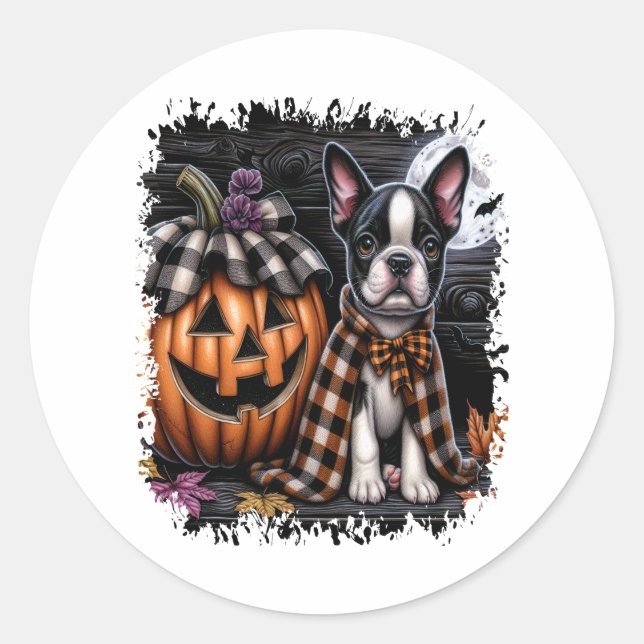 Pegatina Redonda Halloween del perro de Boston Terrier (Anverso)