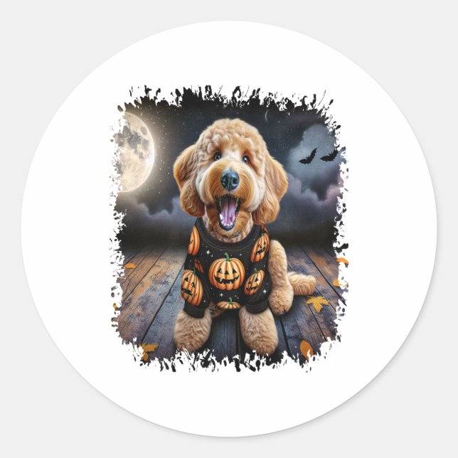 Pegatina Redonda Halloween del perro Goldendoodle (Anverso)