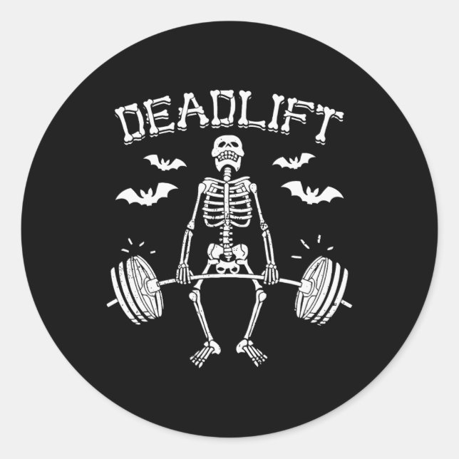 Pegatina Redonda Halloween divertida dice Skeleton Barbell Gym Work (Anverso)