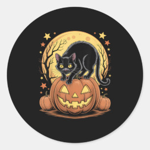 Pegatina Redonda Halloween divertido de calabaza de gato negro retr