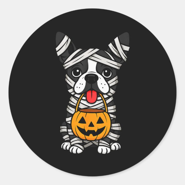 Pegatina Redonda Halloween Dog Boston Terrier Mummy Costume Men Wom (Anverso)