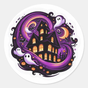Pegatina Redonda Halloween en casa embrujada Fantasma y calabaza