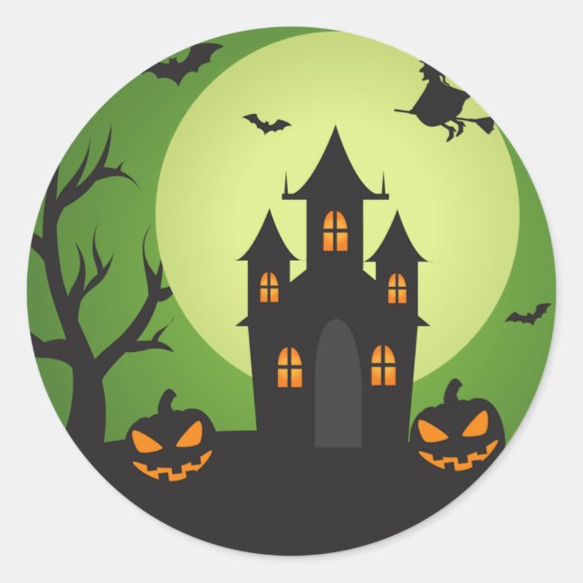 Pegatina Redonda Halloween en la casa de los enganchados con calaba (Anverso)