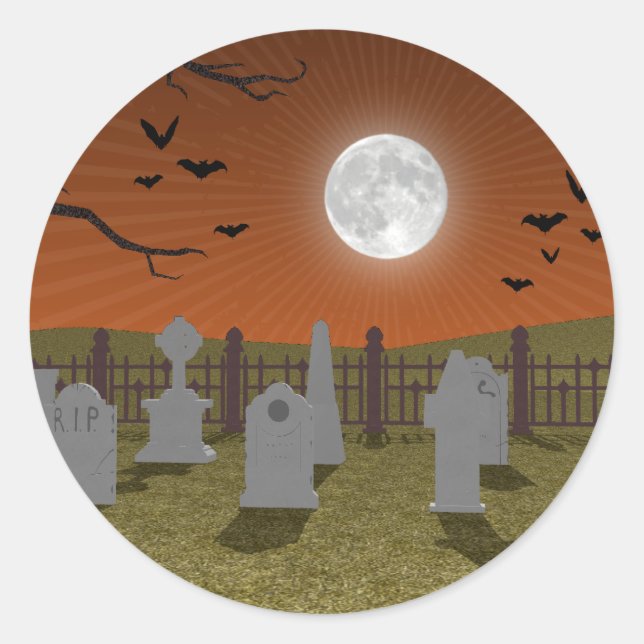 Pegatina Redonda Halloween: Escena de cementerio: (Anverso)