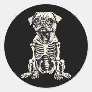 Pegatina Redonda Halloween Esqueleto Pug Perro