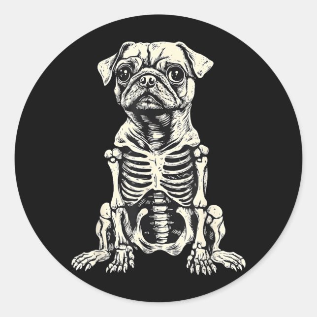 Pegatina Redonda Halloween Esqueleto Pug Perro (Anverso)